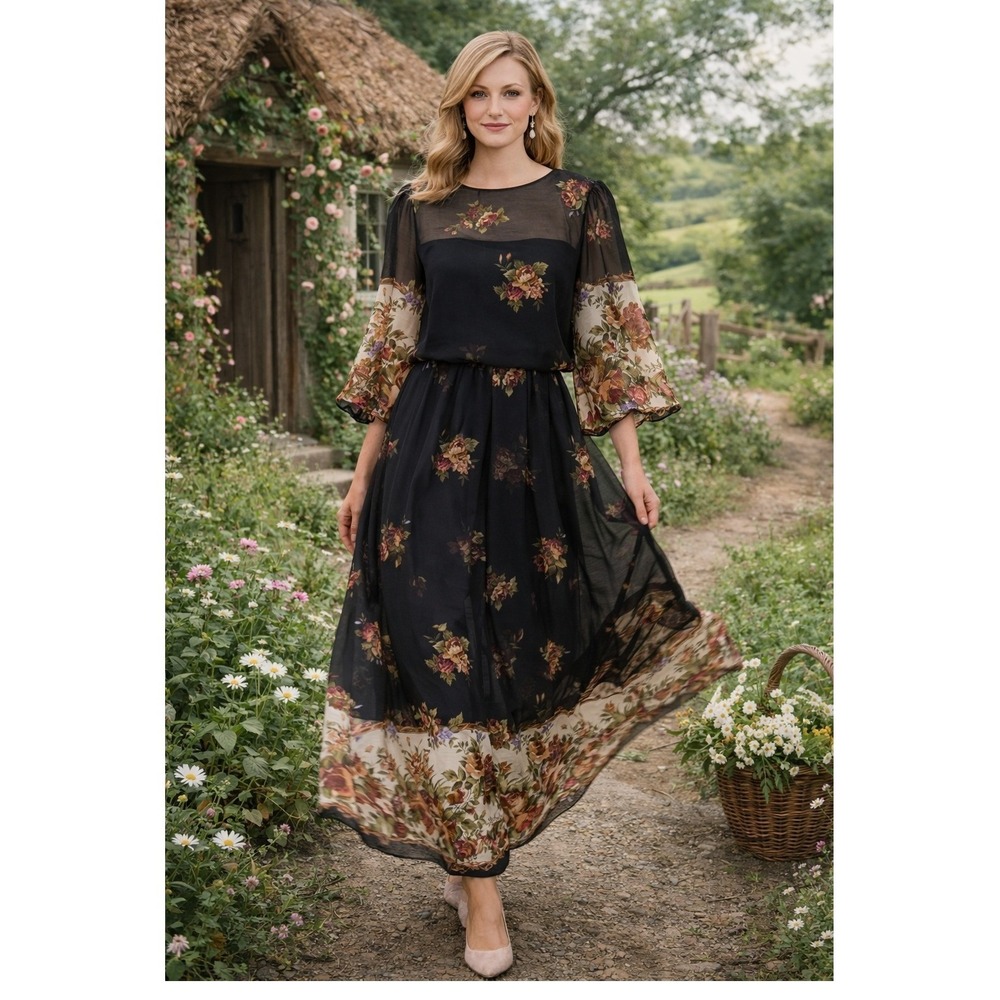 Vintage Ursula Switzerland Dress Women 6 Cottagecore Floral Sheer Midi Prairie‎